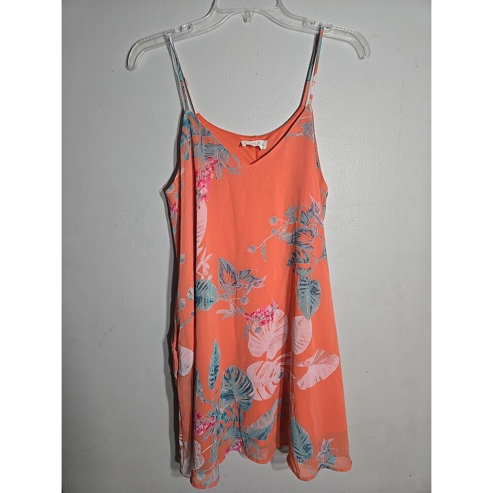 LimeLush  Tropical Luau Flowers & Leaves Slip On  Orange  Dress Size S w/pockets